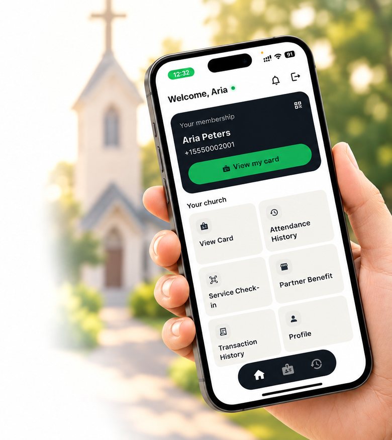 A hand holding a phone showing the Church Member app home screen in front of a church